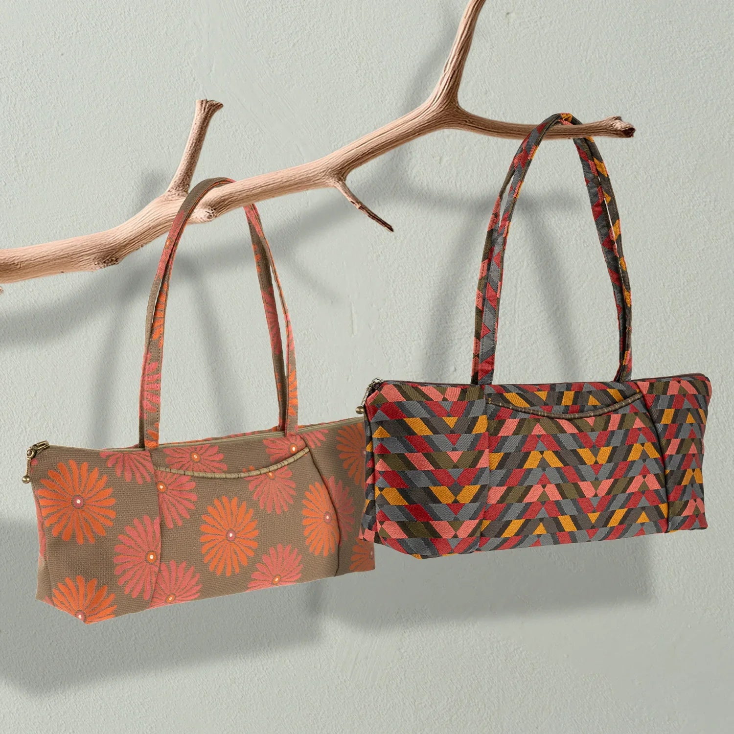 Bags shown include the Tote bag in the Lunar Black fabric and the Market Bag in the Celestial Cool fabric.